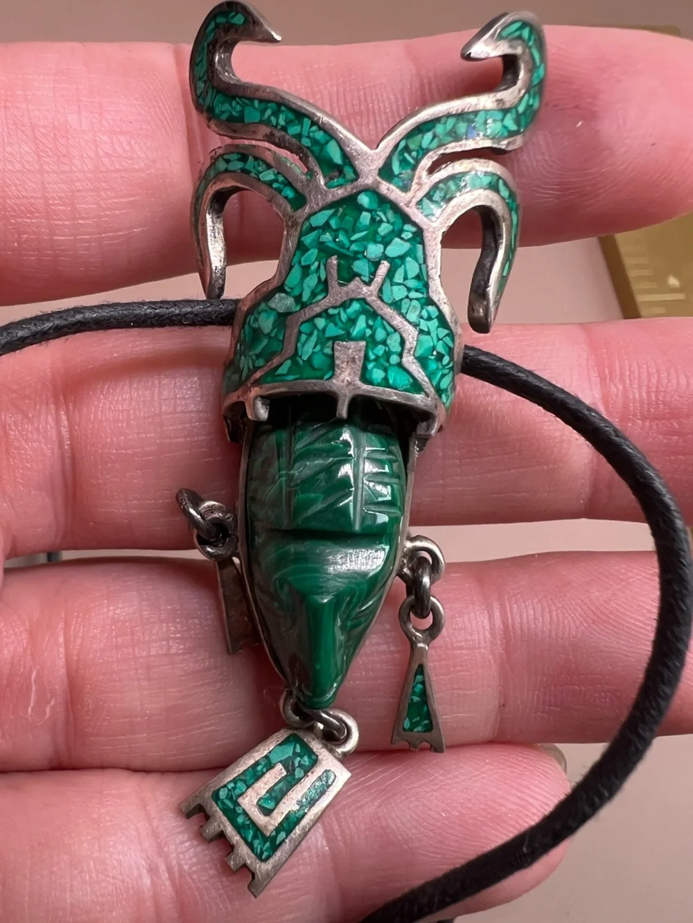 VINTAGE TAXCO MEXICO LARGE MALACHITE MASK PENDANT 925 STERLING STATEMENT